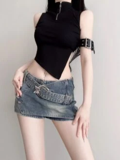 Blue Denim Irregular Wrap Skort | Ningning - Aespa