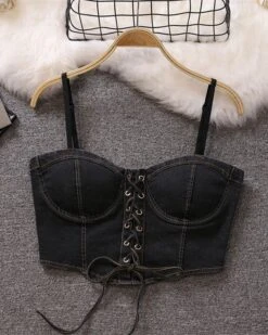 Blue Denim Lace-Up Crop Top | Olivia - Loona 19 Blue Denim Lace-Up Crop Top | Olivia - Loona -Amped Apparel Blue Denim Lace Up Crop Top Olivia Loona 1