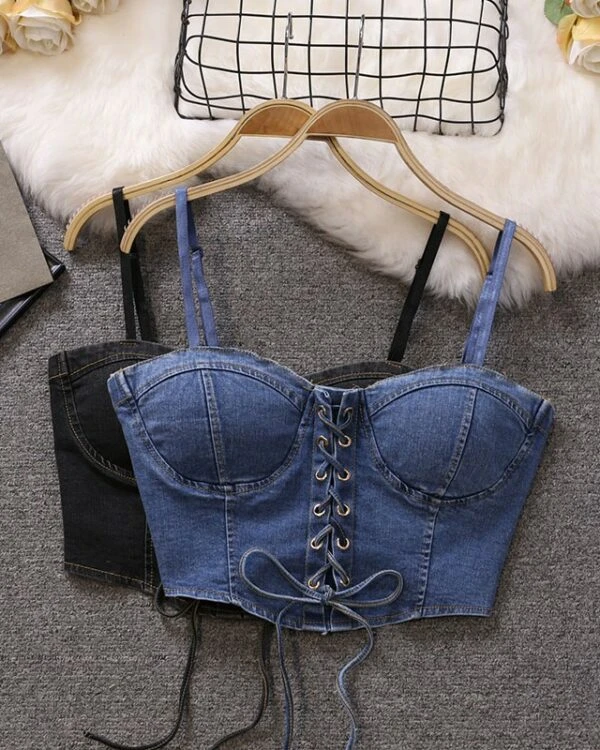 Blue Denim Lace-Up Crop Top | Olivia - Loona 4 Blue Denim Lace-Up Crop Top | Olivia - Loona - Image 2