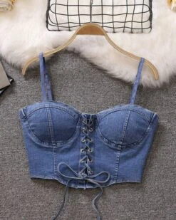 Blue Denim Lace-Up Crop Top | Olivia - Loona