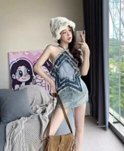 Blue Denim Star Crop Top | Chaewon - Le Sserafim