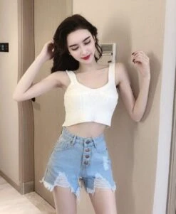 Blue Distressed Denim Button-Down Shorts | IU