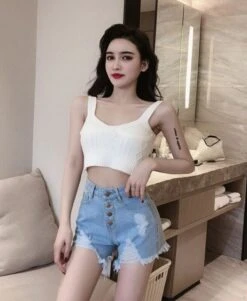 Blue Distressed Denim Button-Down Shorts | IU -Amped Apparel Blue Distressed Denim Button Down Shorts IU 7 600x730 1