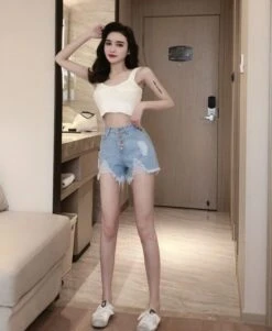 Blue Distressed Denim Button-Down Shorts | IU -Amped Apparel Blue Distressed Denim Button Down Shorts IU 8 600x731 1