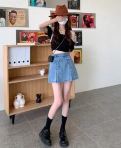 Blue Double Stitched Denim Skirt | Rose - BlackPink -Amped Apparel Blue Double Stitched Denim Skorts Rose BlackPink 11 600x731 1