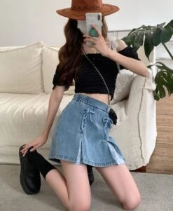 Blue Double Stitched Denim Skirt | Rose - BlackPink -Amped Apparel Blue Double Stitched Denim Skorts Rose BlackPink 12 600x731 1