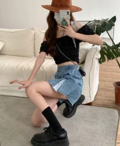 Blue Double Stitched Denim Skirt | Rose - BlackPink -Amped Apparel Blue Double Stitched Denim Skorts Rose BlackPink 13 600x731 1