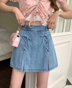 Blue Double Stitched Denim Skirt | Rose - BlackPink