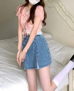 Blue Double Stitched Denim Skirt | Rose - BlackPink -Amped Apparel Blue Double Stitched Denim Skorts Rose BlackPink 6 600x731 1