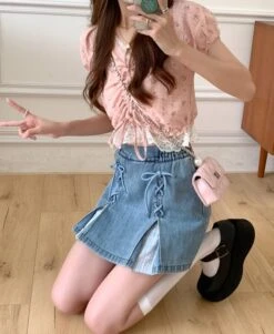 Blue Double Stitched Denim Skirt | Rose - BlackPink -Amped Apparel Blue Double Stitched Denim Skorts Rose BlackPink 7 600x730 1