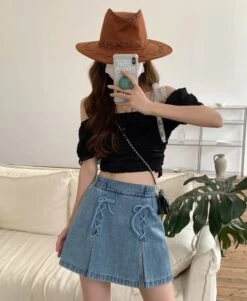 Blue Double Stitched Denim Skirt | Rose - BlackPink -Amped Apparel Blue Double Stitched Denim Skorts Rose BlackPink 9 600x731 1