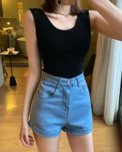 Blue Folded Hem Denim Shorts | Minji - NewJeans