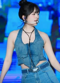 Blue Front Hem Denim Short | Yujin - IVE -Amped Apparel Blue Front Hem Denim Short Yujin IVE Idol 600x824 1