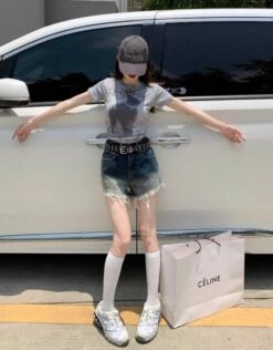 Blue Ombre Raw Edge Denim Shorts | Sakura - Le Sserafim -Amped Apparel Blue Ombre Raw Edge Denim Shorts Sakura Le Sserafim 2 600x768 1