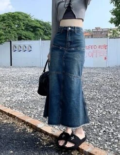 Blue Segmented Long Denim Skirt | Momo - Twice -Amped Apparel Blue Segmented Long Denim Skirt Momo Twice 1 600x775 1