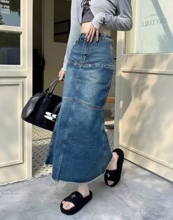 Blue Segmented Long Denim Skirt | Momo - Twice