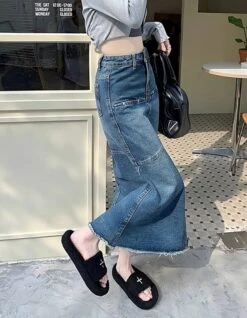 Blue Segmented Long Denim Skirt | Momo - Twice -Amped Apparel Blue Segmented Long Denim Skirt Momo Twice 5 600x772 1