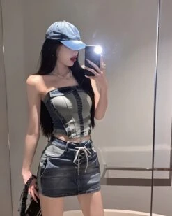 Blue Two-Tone Denim Tube Top | Giselle - Aespa -Amped Apparel Blue Two Tone Denim Tube Top Giselle Aespa 7 600x750 1