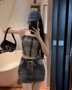 Blue Two-Tone Denim Tube Top | Giselle - Aespa -Amped Apparel Blue Two Tone Denim Tube Top Giselle Aespa 8 600x750 1