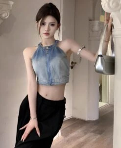 Blue Zipper Halter Denim Top | Ningning - Aespa -Amped Apparel Blue Zipper Halter Denim Top Ningning Aespa 2 600x734 1