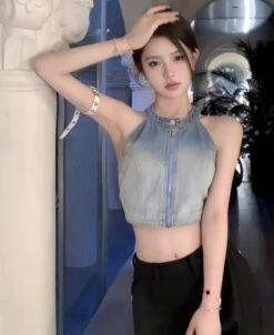 Blue Zipper Halter Denim Top | Ningning - Aespa