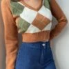 Brown Argyle Cropped Top | Somi -Amped Apparel Brown Argyle Cropped Sweater Somi 2 600x750 1