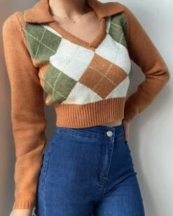Brown Argyle Cropped Top | Somi