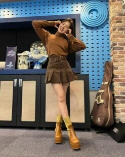 Brown Corduroy Pleated Skirt | Wendy - Red Velvet -Amped Apparel Brown Corduroy Pleated Skorts Wendy Red Velvet 2 600x751 1