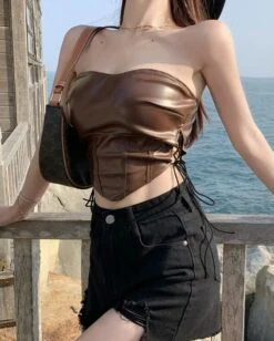Brown Faux Leather Corset Crop Top | Handong - Dreamcatcher -Amped Apparel Brown Faux Leather Corset Crop Top Handong Dreamcatcher 10 600x749 1