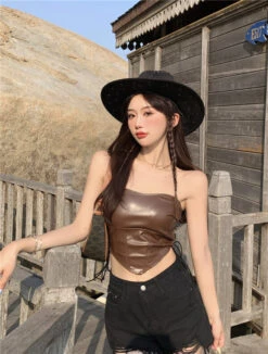 Brown Faux Leather Corset Crop Top | Handong - Dreamcatcher -Amped Apparel Brown Faux Leather Corset Crop Top Handong Dreamcatcher 5 600x791 1