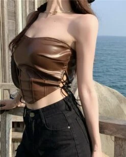 Brown Faux Leather Corset Crop Top | Handong - Dreamcatcher -Amped Apparel Brown Faux Leather Corset Crop Top Handong Dreamcatcher 7 600x750 1