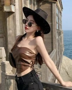 Brown Faux Leather Corset Crop Top | Handong - Dreamcatcher -Amped Apparel Brown Faux Leather Corset Crop Top Handong Dreamcatcher 9 600x749 1
