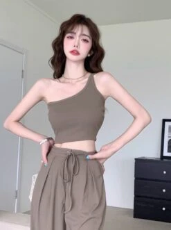 Brown One Shoulder Crop Top | Jisoo - BlackPink -Amped Apparel Brown One Shoulder Crop Top Jisoo BlackPink 1 600x803 1