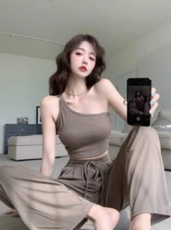 Brown One Shoulder Crop Top | Jisoo - BlackPink -Amped Apparel Brown One Shoulder Crop Top Jisoo BlackPink 4 600x804 1