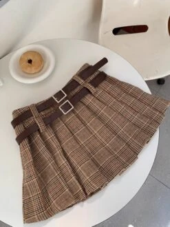 Brown Plaid Pleated Skirt With Double Belt Slots | Wendy - Red Velvet -Amped Apparel Brown Plaid Pleated Skirt With Double Belt Slots Wendy Red Velvet 2 600x802 1