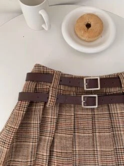 Brown Plaid Pleated Skirt With Double Belt Slots | Wendy - Red Velvet -Amped Apparel Brown Plaid Pleated Skirt With Double Belt Slots Wendy Red Velvet 4 600x801 1
