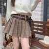 Brown Plaid Pleated Skirt With Double Belt Slots | Wendy - Red Velvet -Amped Apparel Brown Plaid Pleated Skirt With Double Belt Slots Wendy Red Velvet 6 600x802 1