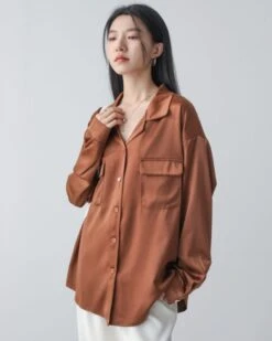 Brown Satin Dual Pocket Shirt | S.Coups - Seventeen -Amped Apparel Brown Satin Dual Pocket Shirt S.Coups Seventeen 2 600x751 1