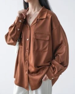 Brown Satin Dual Pocket Shirt | S.Coups - Seventeen -Amped Apparel Brown Satin Dual Pocket Shirt S.Coups Seventeen 3 600x749 1