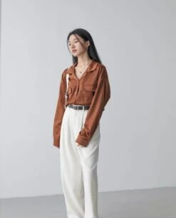 Brown Satin Dual Pocket Shirt | S.Coups - Seventeen -Amped Apparel Brown Satin Dual Pocket Shirt S.Coups Seventeen 4 600x746 1