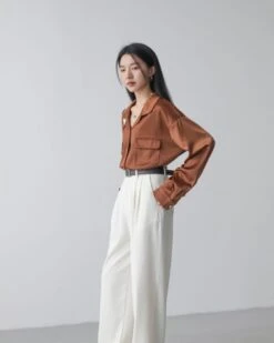 Brown Satin Dual Pocket Shirt | S.Coups - Seventeen -Amped Apparel Brown Satin Dual Pocket Shirt S.Coups Seventeen 5 600x750 1