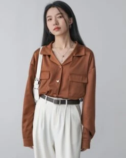 Brown Satin Dual Pocket Shirt | S.Coups - Seventeen -Amped Apparel Brown Satin Dual Pocket Shirt S.Coups Seventeen 6 600x752 1