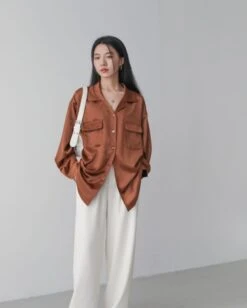 Brown Satin Dual Pocket Shirt | S.Coups - Seventeen -Amped Apparel Brown Satin Dual Pocket Shirt S.Coups Seventeen 7 600x749 1