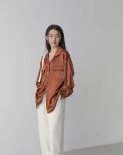 Brown Satin Dual Pocket Shirt | S.Coups - Seventeen -Amped Apparel Brown Satin Dual Pocket Shirt S.Coups Seventeen 9 600x756 1