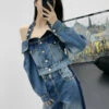 Blue Halter Neck Off-Shoulder Denim Top | Chaewon - Le Sserafim -Amped Apparel Chaewon Le Sserafim Blue Halter Neck Off Shoulder Denim Jacket 5 1 600x764 1