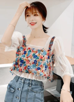 White Chiffon Blouse And Floral Crop Top Set | Choerry - Loona -Amped Apparel Choerry Loona White Chiffon Shirt And Floral Top Set 6