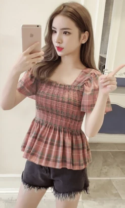 Yellow Plaid Ruffled Chiffon Top | Chuu - Loona -Amped Apparel Chuu Loona Yellow Plaid Ruffled Chiffon Blouse 4