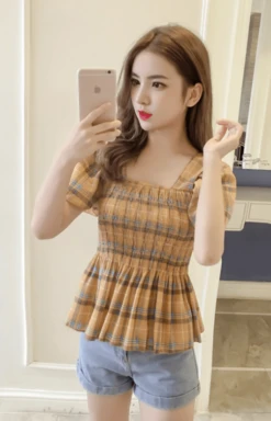 Yellow Plaid Ruffled Chiffon Top | Chuu - Loona -Amped Apparel Chuu Loona Yellow Plaid Ruffled Chiffon Blouse 7