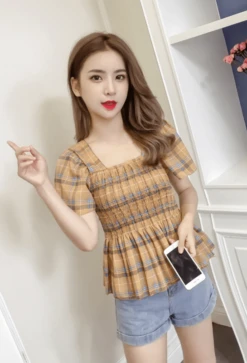 Yellow Plaid Ruffled Chiffon Top | Chuu - Loona -Amped Apparel Chuu Loona Yellow Plaid Ruffled Chiffon Blouse 9