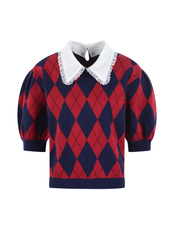 Red Short Puff Sleeve Argyle Top | Dahyun - Twice 3 Red Short Puff Sleeve Argyle Top | Dahyun - Twice